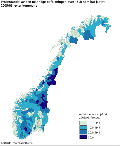 Prosentandel av den mannlige befolkning over 16 år som har jaktet i 2005/06, etter kommune. 2005/06
