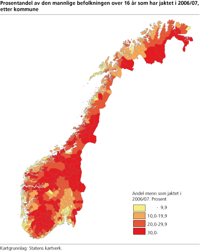 Prosentandel av den mannlige befolkning over 16 år som har jaktet i 2006/07, etter kommune