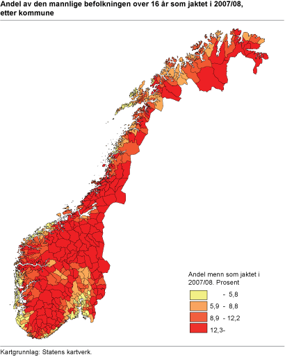 Prosentandel av den mannlige befolkning over 16 år som jaktet i 2007/08, etter kommune