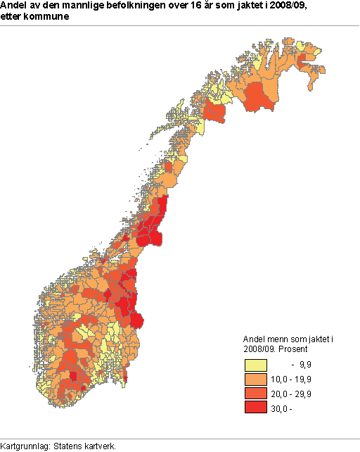 Andel av den mannlige befolkningen over 16 år som jaktet i 2008/2009, etter kommune