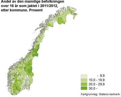 Andel av den mannlige befolkningen over 16 år som jaktet i 2011/2012, etter kommune. Prosent
