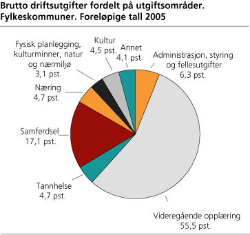 Brutto driftsutgifter fordelt på utgiftsområder. Fylkeskommuner. Foreløpige tall 2005