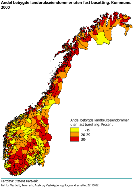 Andel bebygde landbrukseiendommer uten fast bosetting. Kommune. 2000