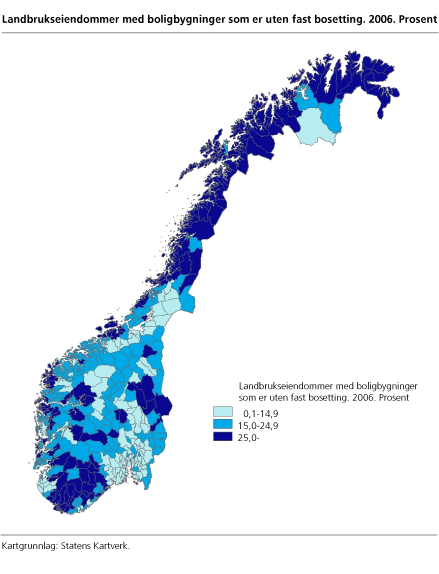 Landbrukseiendommer med boligbygninger som er uten fast bosetting. 2006. Prosent