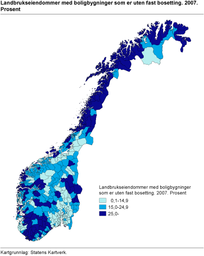 Landbrukseiendommer med boligbygninger som er uten fast bosetting. 2007. Prosent