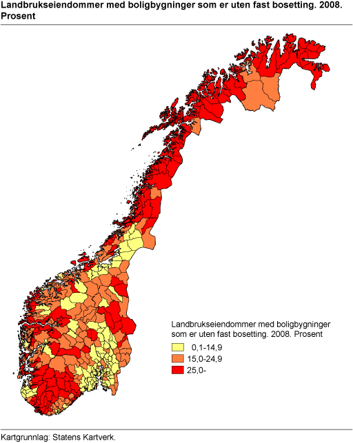 Landbrukseiendommer med boligbygninger som er uten fast bosetting. 2008. Prosent