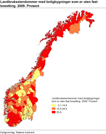 Landbrukseiendommer med boligbygninger uten fast bosetting. 2009. Prosent