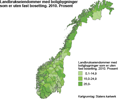 Landbrukseiendommer med boligbygninger uten fast bosetting. 2010. Prosent