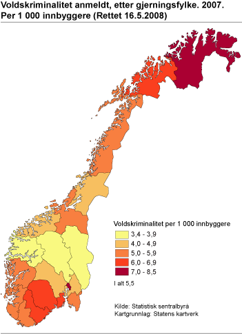 Voldskriminalitet anmeldt, etter gjerningsfylke. 2007. Per 1 000 innbyggere