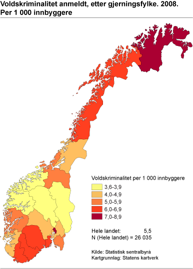 Voldskriminalitet anmeldt, etter gjerningsfylke. 2008. Per 1 000 innbyggere