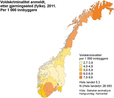 Voldskriminalitet anmeldt, etter gjerningssted (fylke). Per 1 000 innbyggere