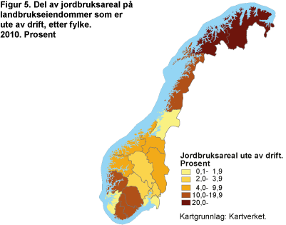 Jordbruksareal ute av drift, etter fylke. 2010. Prosent
