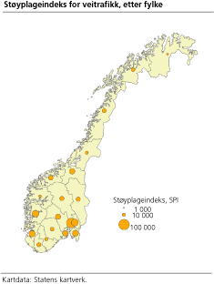 Støyplageindeks fra veitrafikk, etter fylke 