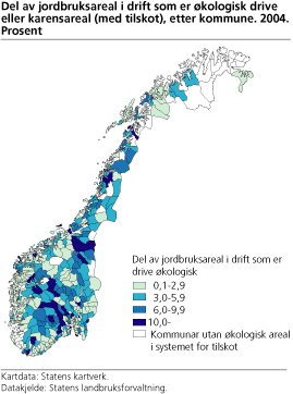 Del av jordbruksareal i drift som er økologisk drive eller karensareal (med tilskot), etter kommune. 2004. Prosent