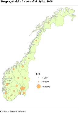 Støyplageindeks fra veitrafikk. Fylke. 2006 