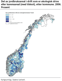 Del av jordbruksareal i drift som er økologisk drive eller karensareal (med tilskot), etter kommune. 2006. Prosent