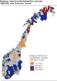 Nedgang i talet på jordbruksbedrifter i perioden 1989-2002, etter kommune. Prosent