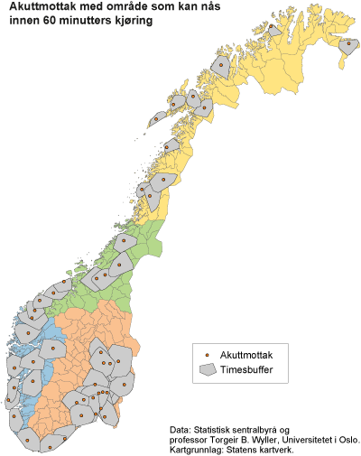 Akuttmottak med område som kan nås innen 60 minutters kjøring