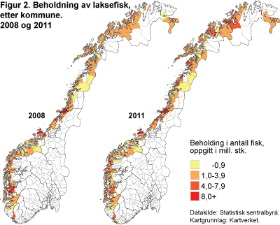 Beholdning av laksefisk, etter kommune. 2008 og 2011