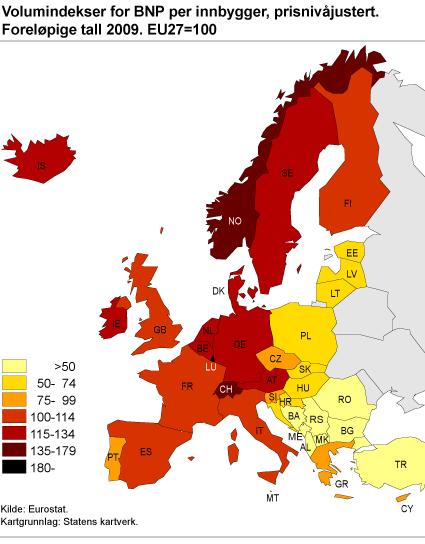 Volumindekser for BNP per innbygger, prisnivåjustert. Foreløpige tall 2009. EU27=100
