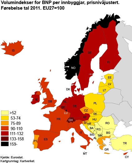 Volumindeksar for BNP per innbyggjar, prisnivåjustert. Førebelse tal 2011. EU27=100