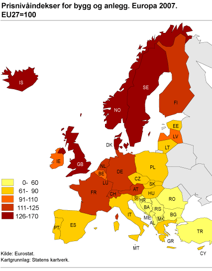 Prisnivåindekser for bygg og anlegg. Europa 2007. EU27 = 100