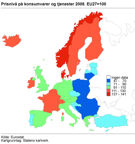 Prisnivå på konsumvarer og tjenester 2008. EU27=100