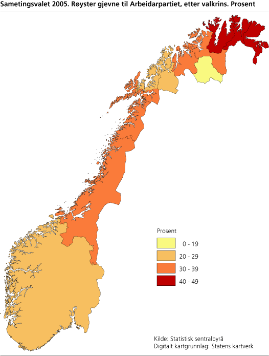 Sametingsvalet 2005. Røyster gjevne til Arbeidarpartiet, etter valkrins. Prosent