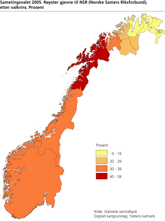 Sametingsvalet 2005. Røyster gjevne til NSR (Norske Samers Riksforbund), etter valkrins. Prosent