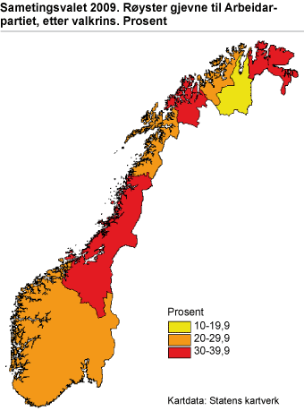 Sametingsvalet 2009. Røyster gjevne til Arbeidarpartiet, etter valkrins. Prosent