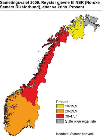 Sametingsvalet 2009. Røyster gjevne til NSR (Norske Samers Riksforbund), etter valkrins. Prosent