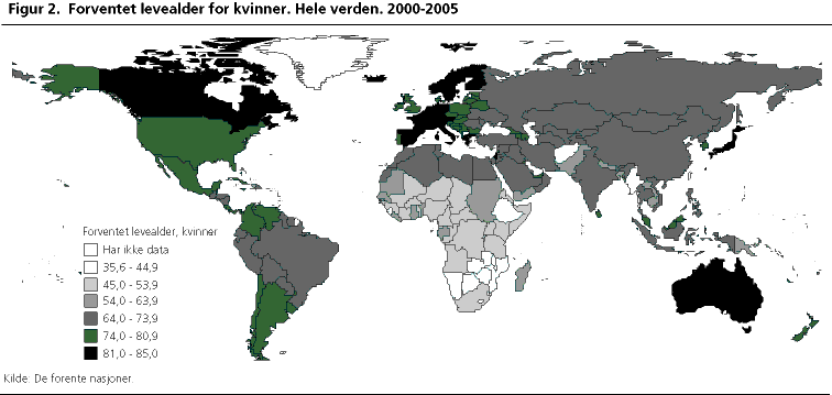 Forventet levealder for kvinner. Hele verden. 2000-2005