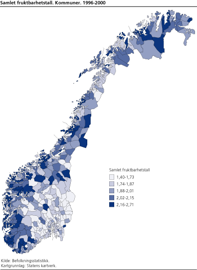 Samlet fruktbarhetstall. Kommuner. 1996-2000
