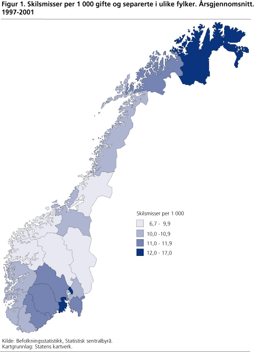 Skilsmisser per 1 000 gifte og separerte i ulike fylker. Årsgjennomsnitt. 1997-2001