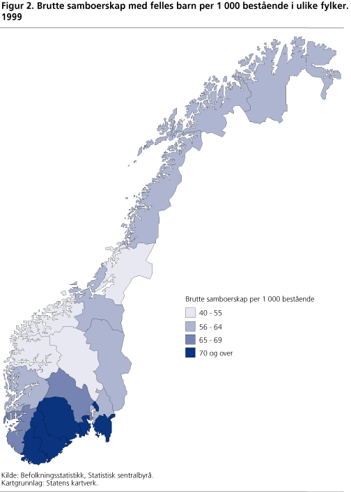 Brutte samboerskap med felles barn per 1 000 bestående i ulike fylker. 1999