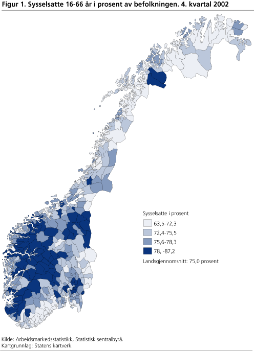 Sysselsatte 16-66 år i prosent av befolkningen. 4. kvartal 2002