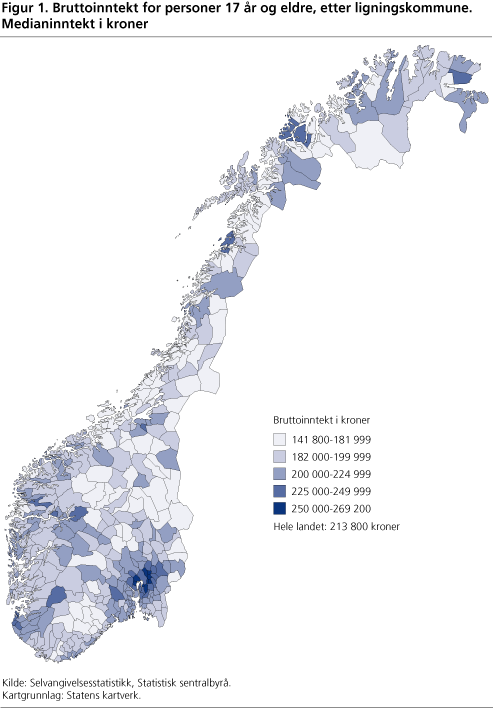 Bruttoinntekt for personer 17 år og eldre, etter ligningskommune. Medianinntekt i kroner. 2001