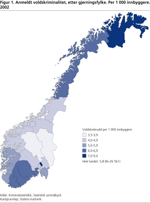 Anmeldt voldskriminalitet, etter gjerningsfylke. Per 1 000 innbyggere. 2002