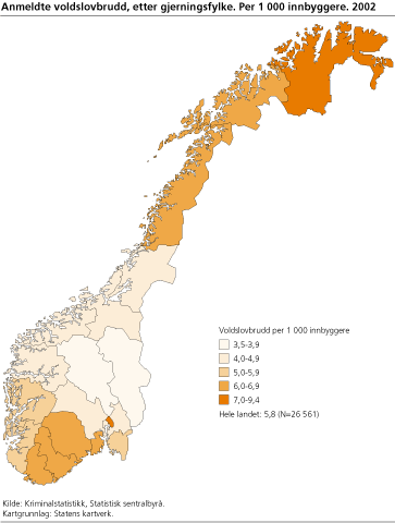 Anmeldte voldslovbrudd, etter gjerningsfylke. Per 1 000 innbyggere. 2002