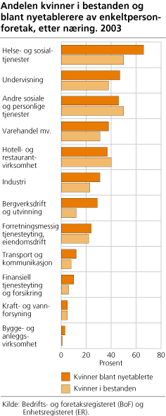 Andelen kvinner i bestanden og blant nyetablerere av enkeltpersonforetak, etter næring. 2003