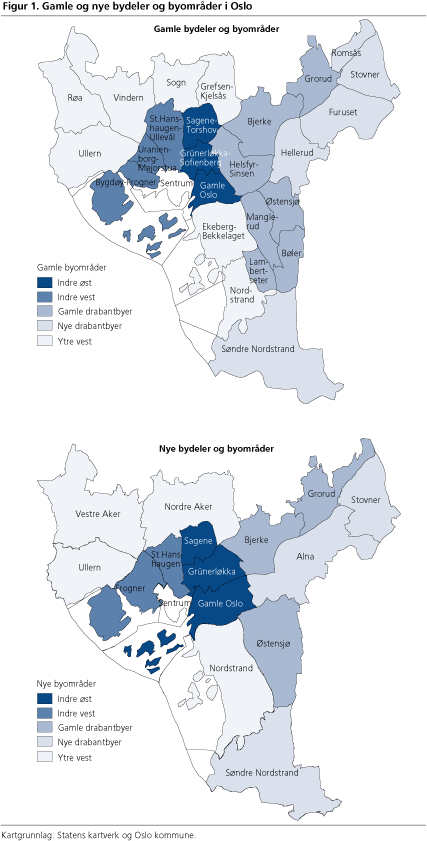 Figur 1. Gamle og nye bydeler og byområder i Oslo