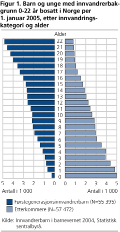 Barn og unge med innvandrerbakgrunn 0-22 år bosatt i Norge per 1. januar 2005, etter innvandringskategori og alder