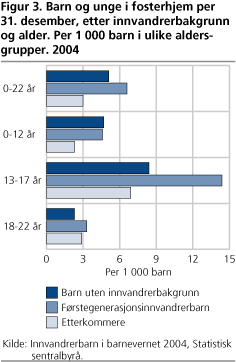 Barn og unge i fosterhjem per 31. desember, etter innvandrerbakgrunn og alder. Per 1 000 barn i ulike aldersgrupper. 2004