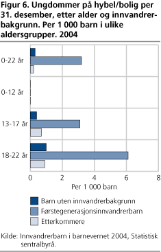 Ungdommer på hybel/bolig per 31. desember, etter alder og innvandrerbakgrunn. Per 1 000 barn i ulike aldersgrupper. 2004