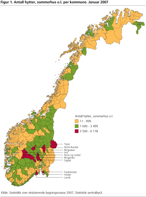 Antall hytter, sommerhus o.l. per kommune. Januar 2007
