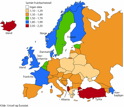 Figur 7. Samlet fruktbarhetstall for europeiske land. 2005