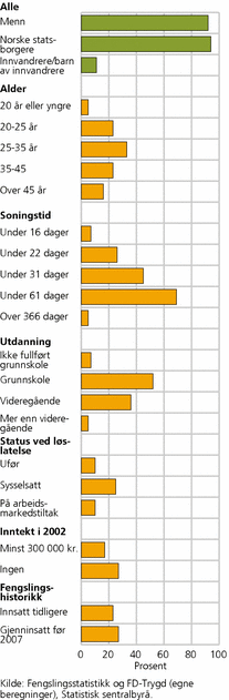 Figur 1. Kjennetegn ved de innsatte som ble løslatt i 2003. Prosent innenfor angitt kategori