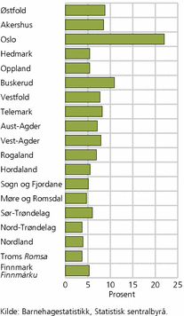 Figur 6. Barn i barnehage. Andel minoritetsspråklige barn i barnehage i forhold til alle barn med barnehageplass, etter fylke. 2008. Prosent