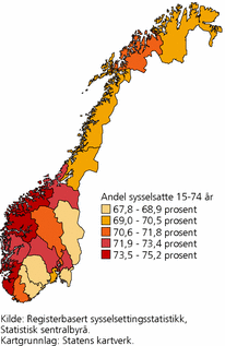 Figur 2. Sysselsatte (15-74 år), etter bostedsfylke. 4. kvartal 2008. Prosent av befolkningen i hver gruppe