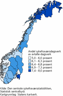 Figur 7. Sykefraværsdagsverk for arbeidstakere med legemeldt sykefravær, etter bostedsfylke. 2. kvartal 2009. I prosent av avtalte dagsverk (sykefraværsprosent)